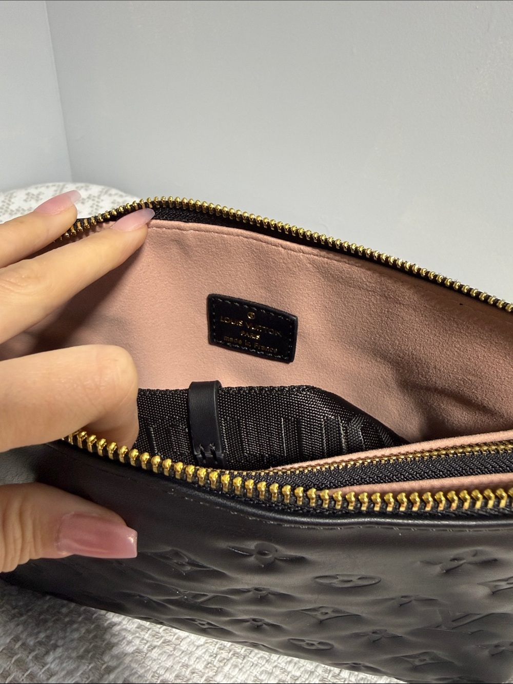LVBlack Embossed Monogram Leather Pouch with Gold Hardware and shoulder straps - Picture 3 of 10